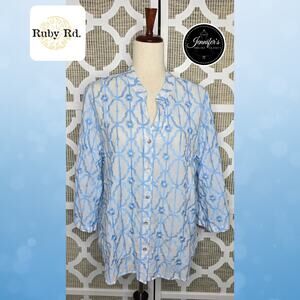 Ruby Rd. Blue & White Embroidered Trellis Pattern Button Front Blouse Size XL